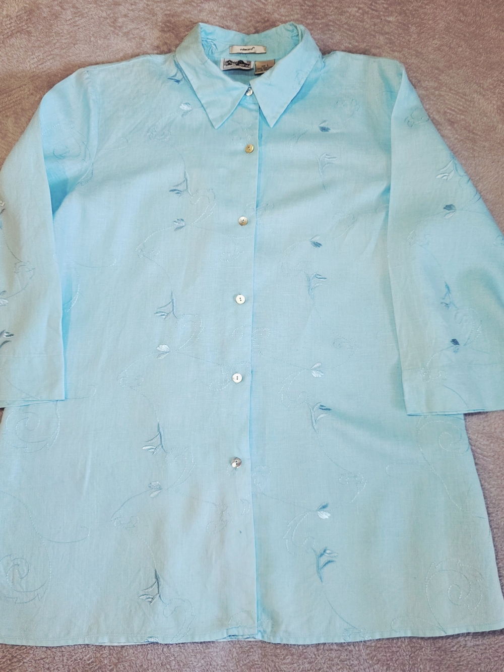Sky Blue Embroidered Linen Tunic Top 3/4 Sleeve